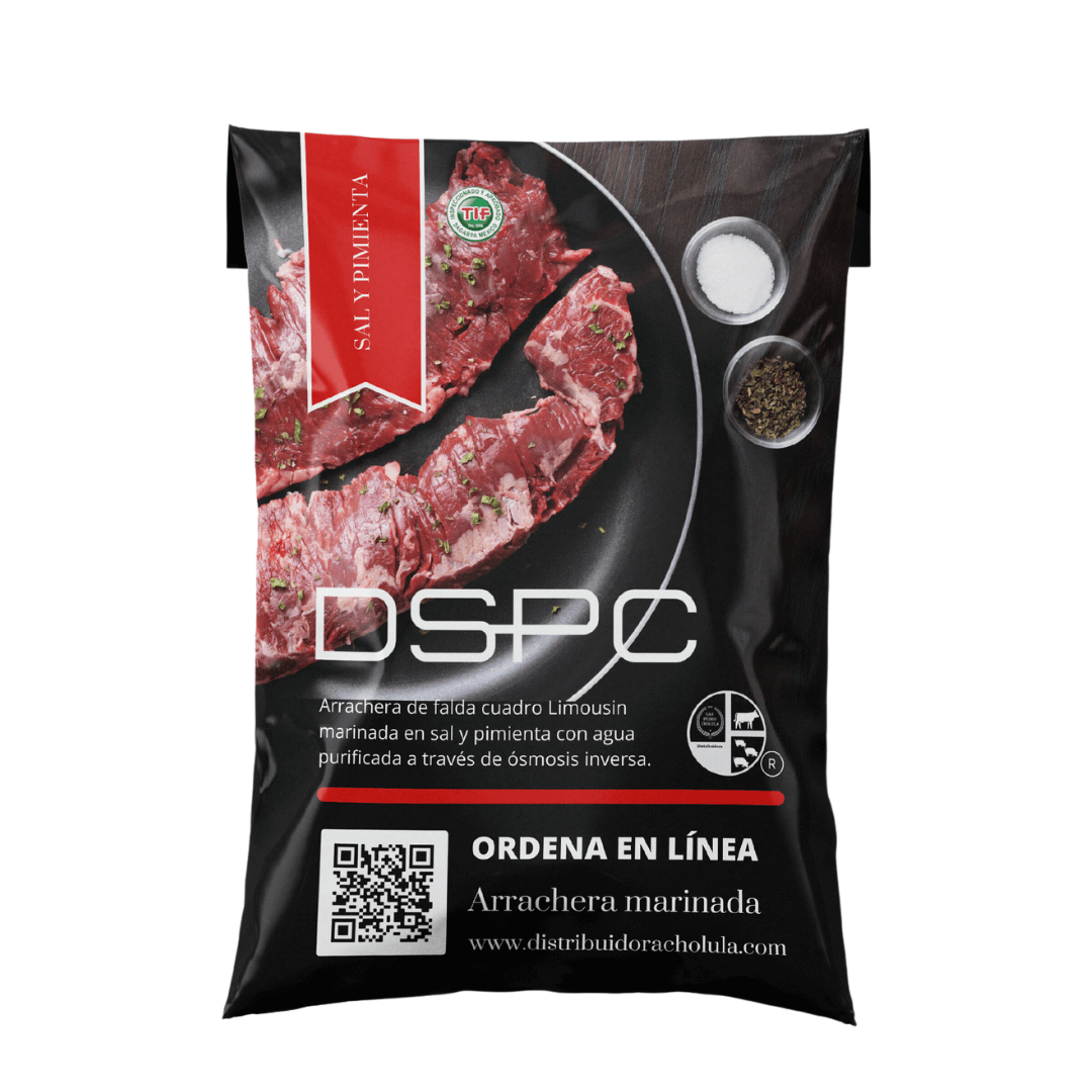 Arrachera marinada DSPC Disfruta de la Arrachera de Falda Cuadro Limousin Marinada DSPC, un producto de calidad excepcional. Esta arrachera ha sido marinada con sal, pimienta y agua purificada mediante un proceso de ósmosis inversa, lo que asegura su pure