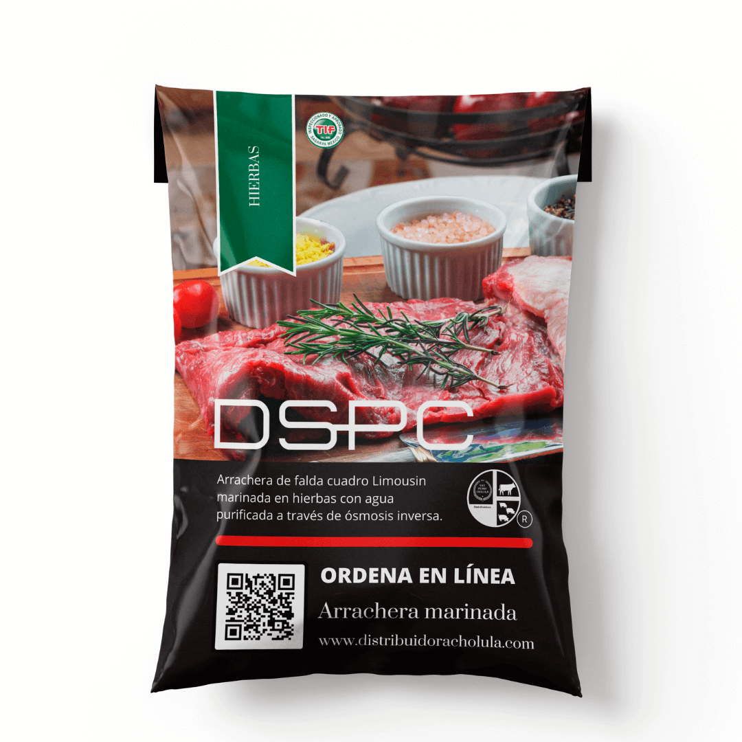 Arrachera marinada en hierbas La Arrachera de Falda Cuadro Limousin Marinada en Hierbas es un corte premium diseñado para realzar cualquier comida. Marinada con una selección de hierbas aromáticas y agua purificada a través de ósmosis inversa, esta carne