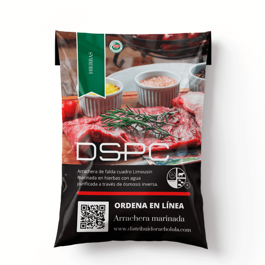 Arrachera marinada en hierbas La Arrachera de Falda Cuadro Limousin Marinada en Hierbas es un corte premium diseñado para realzar cualquier comida. Marinada con una selección de hierbas aromáticas y agua purificada a través de ósmosis inversa, esta carne