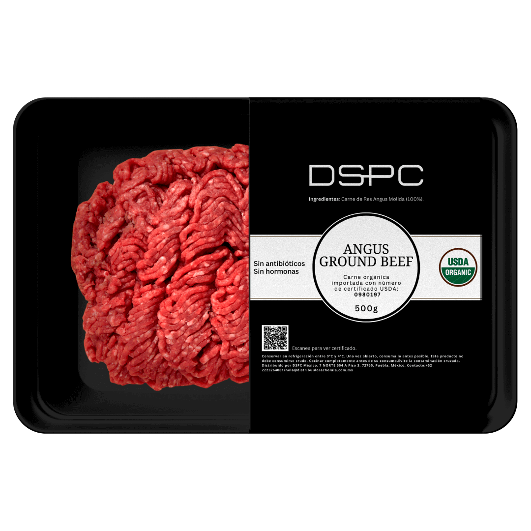 Carne Molida Angus Orgánica Carne molida 100% de res Angus orgánica, proveniente de ganado criado en ranchos certificados de Estados Unidos, sin uso de hormonas, antibióticos ni fertilizantes sintéticos. Esta carne premium es importada directamente desde
