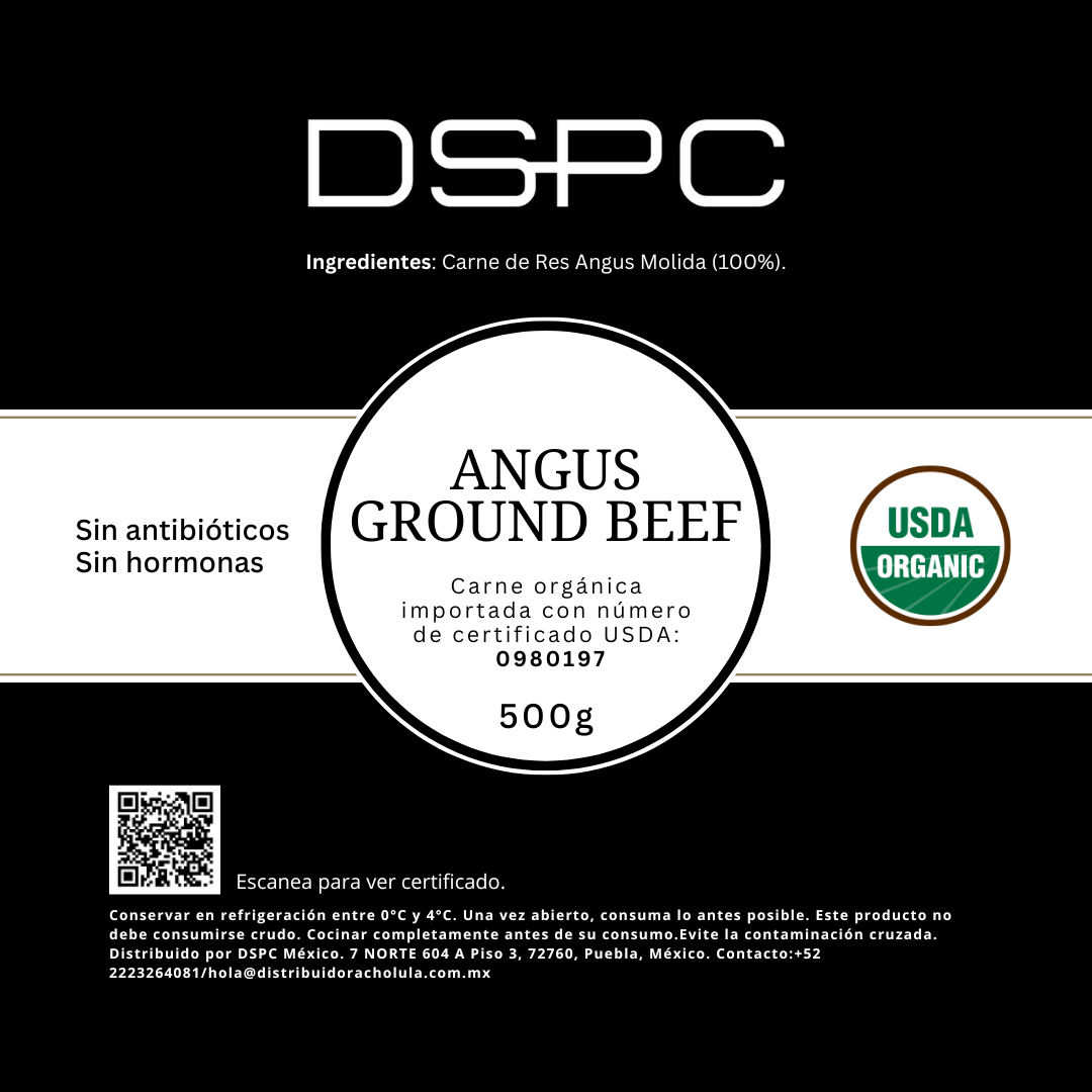 Carne Molida Angus Orgánica Carne molida 100% de res Angus orgánica, proveniente de ganado criado en ranchos certificados de Estados Unidos, sin uso de hormonas, antibióticos ni fertilizantes sintéticos. Esta carne premium es importada directamente desde