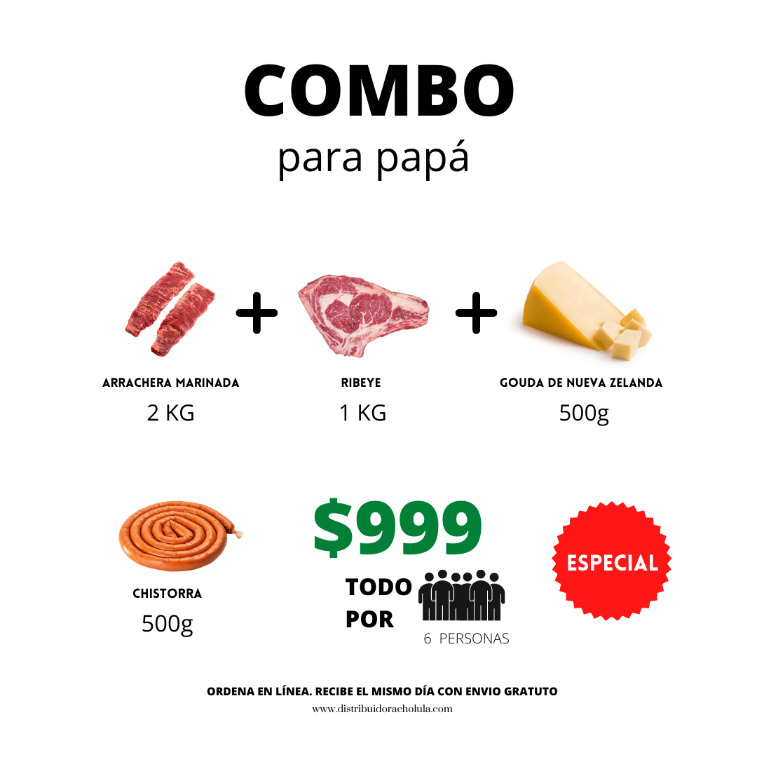 Combo Día del Padre Este combo es todo lo que papá necesita para prender el asador y disfrutar como se merece. Incluye: 🥩 2 kg de arrachera marinada 🥩 1 kg de ribeye 🧀 500 g de queso gouda de Nueva Zelanda 500 g de chistorra artesanal Ideal para 6 pers