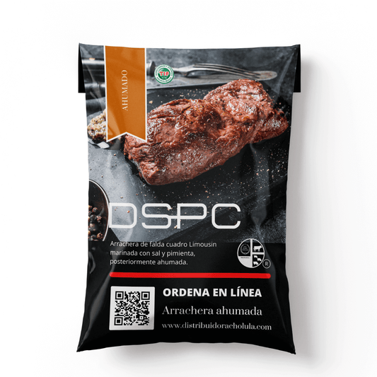 Arrachera ahumada Nuestra arrachera ahumada está hecha con carne de calidad superior limousin, marinada lentamente para lograr su sabor único y suave. La carne es luego ahumada con nuestra receta DSPC, dando como resultado una sabrosa, jugosa y magra arra