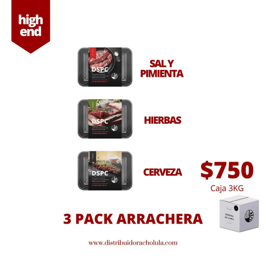 3 Pack Arrachera Lleva tus parrilladas al siguiente nivel con este exclusivo paquete de Arrachera Falda Cuadro Limousin, marinada con sal, pimienta, hierbas aromáticas y un toque de cerveza para un sabor jugoso y perfectamente equilibrado. La caja contien