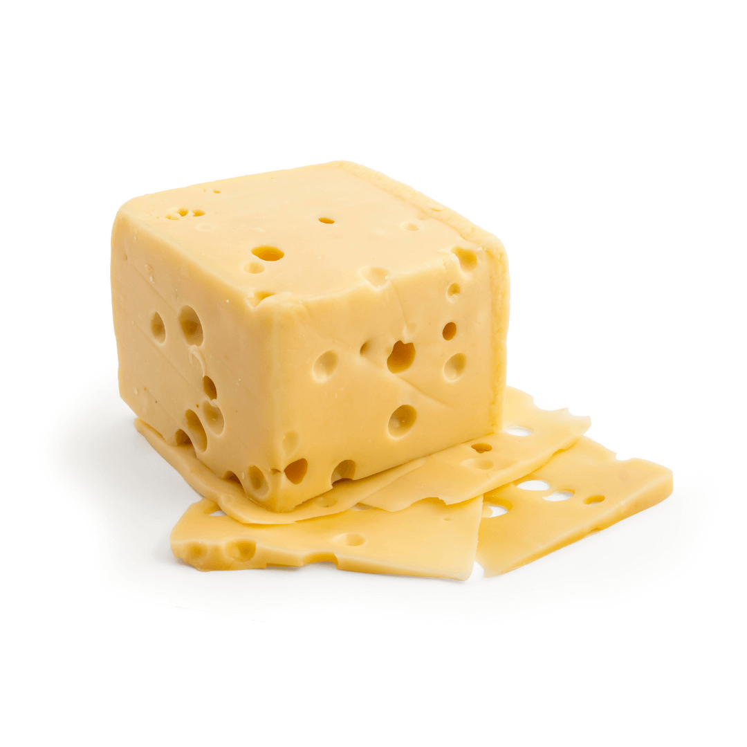 Emmental Suizo El Queso Emmental Suizo es un queso tradicional originario de Suiza, conocido por su sabor suave, ligeramente dulce y con notas de nuez. Es fácilmente reconocible por sus característicos agujeros, que son del tamaño de cerezas o nueces, y s