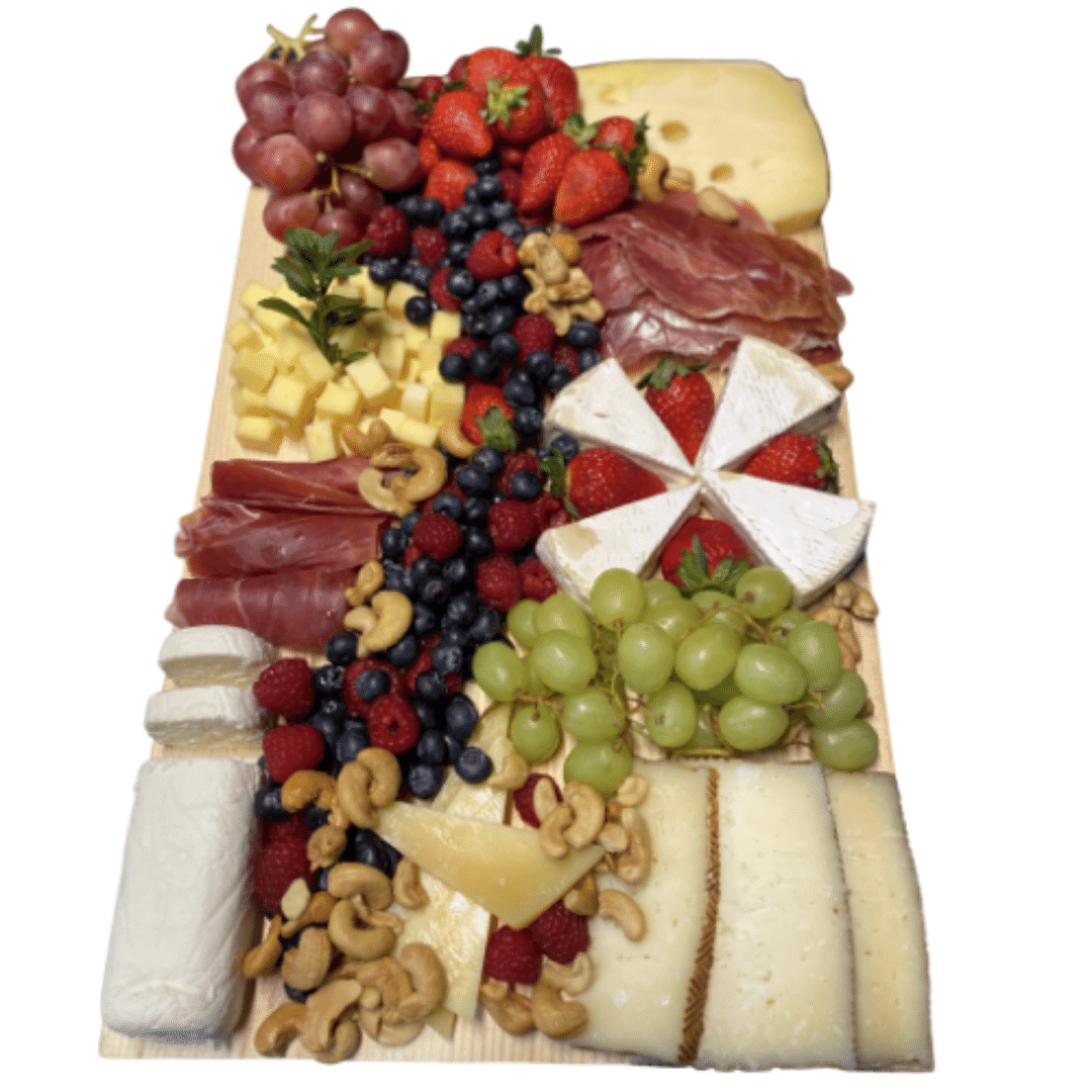 Tabla chanceux Tabla extra deluxe para 12 personas. .200 Maasdam.200 Gouda Nueva Zelanda .200 Manchego de la mancha semi-curado.250 Brie.200 Queso cabra natural .100 Parmesano .270 Jamón serrano .250 Uva verde .250 Uva roja.100 Frambuesa .100 Mora azul.25