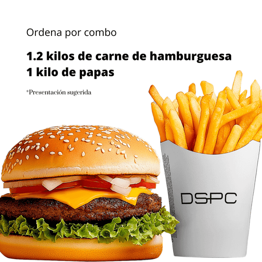 Combo Hamburguesa DSPC Carne de hamburguesa premium DSPC 1.2 Kg (contiene 8 piezas de 150g), más un kilo de papas a la francesa corte de 1/4. Precio especial por combo. Todos los productos se entregan crudos y congelados.DSPC