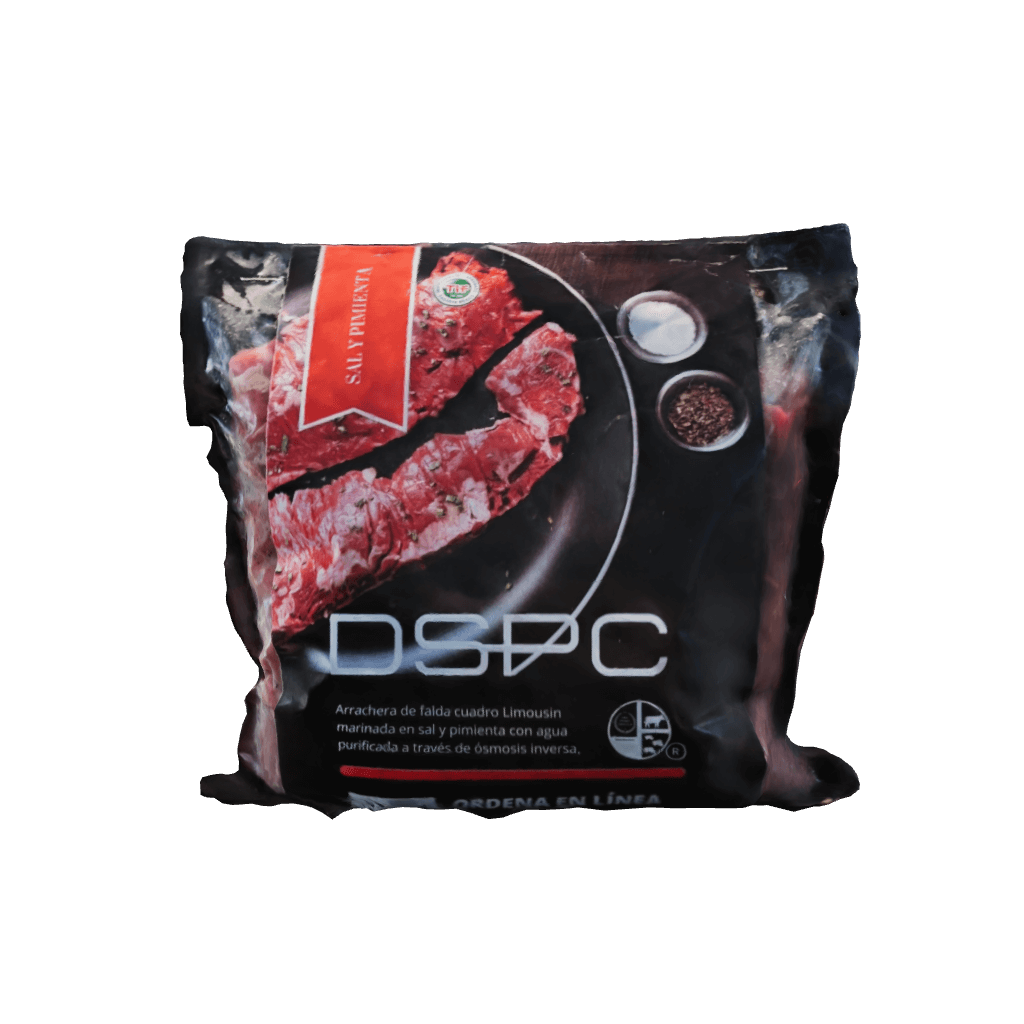 Arrachera marinada DSPC Disfruta de la Arrachera de Falda Cuadro Limousin Marinada DSPC, un producto de calidad excepcional. Esta arrachera ha sido marinada con sal, pimienta y agua purificada mediante un proceso de ósmosis inversa, lo que asegura su pure
